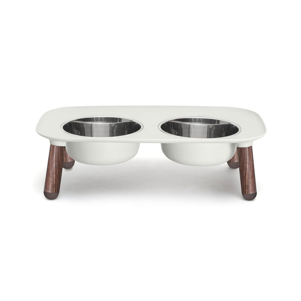 Messy Mutts Double Elevated Feeder Stainless Bowls Light Grey Faux Wooden Legs