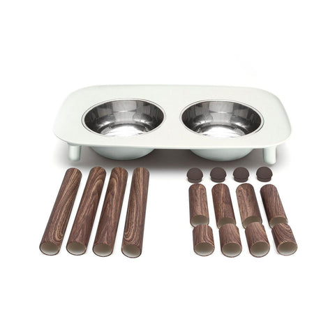 Messy Mutts Double Elevated Feeder Stainless Bowls Light Grey Faux Wooden Legs