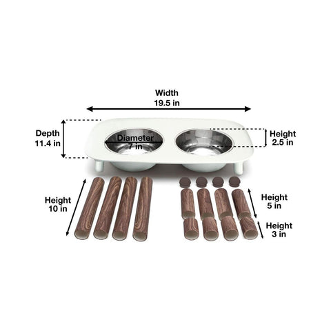 Messy Mutts Double Elevated Feeder Stainless Bowls Light Grey Faux Wooden Legs