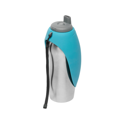 Messy Mutts Stainless Travel Bottle With Silicone Flip Bowl Blue